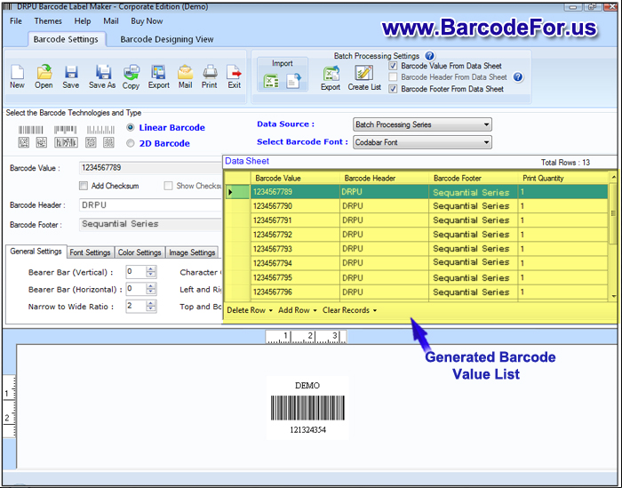 Generated Barcode List with unique Barcode Values